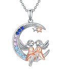 SISTERS ON CRESCENT MOON PENDANT NECKLACE